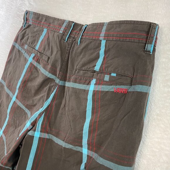 Vans Brown Blue Plaid Skater Shorts Casual Beach Travel Flat Front Summer sz 32 - Picture 7 of 10